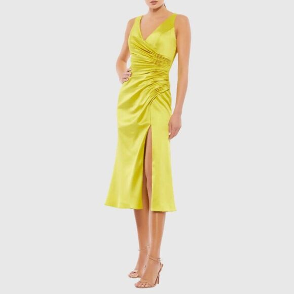 Mac Duggal Size 14 Chartreuse Green Yellow Satin Ruched V-Neck Midi Party Dress - Picture 2 of 4